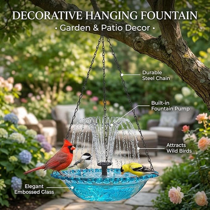 Hanging Solar Bird Bath Fountain - Outdoor Hanging Bird Bath with Solars Pump & Glass Bowl for Patio Yard Decor (Purple)