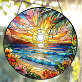 Beach Sunset Sun Catcher Stained Glass Window Hanging Beach Lovers Gifts for Women Wall Decor Landscape Decoration for Home Garden Housewarming Gifts