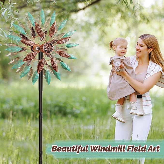 Wind Spinners Outdoor, 360° Metal Windmills for Yard Garden Art Decor, Kinetic Wind Sculptures with 5 Stake for Lawn Patio Outside Ornaments, 13.7" W x 64.3" H (Green+Brown)