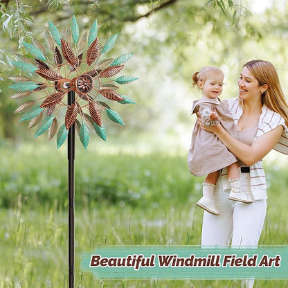 Wind Spinners Outdoor, 360° Metal Windmills for Yard Garden Art Decor, Kinetic Wind Sculptures with 5 Stake for Lawn Patio Outside Ornaments, 13.7" W x 64.3" H (Green+Brown)