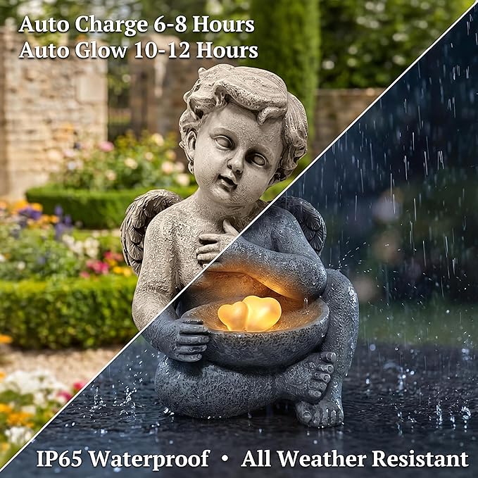 MXwcy Solar Angel Statue with Bird Feeder, 9.06" Resin Angel Figurines for Outdoor Garden Decor, Solar Garden Lights for Yard Lawn Patio Grave, Memorial Garden Decor Angel Gifts for Women Mom Grandma
