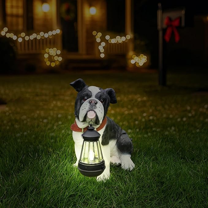 English Bulldog Garden Statue with Solar Lantern & Double-Sided Sign, 12.6" Resin Dog Figurine Outdoor Decor, Black and White Puppy Yard Art for Patio Porch Lawn Ornament, Dog Lover Gifts