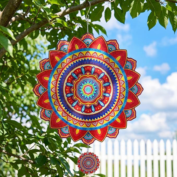Mandala Wind Spinners Outdoor, 12In Stainless Steel Wind Spinners Outside, 3D Kinetic Hanging Sculpture, Rustproof Metal Garden Decor Ornaments for Yard Art, Women, Men, Holidays