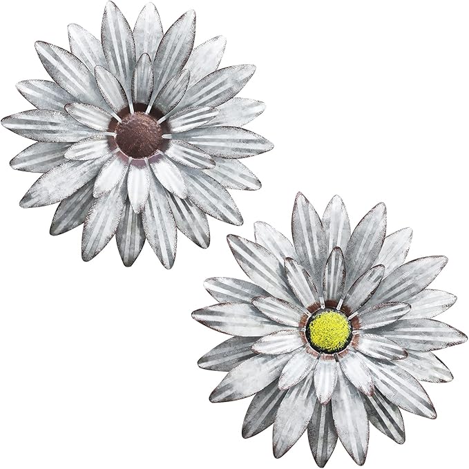 Galvanized Farmhouse Metal Flowers Wall Decor Inspirational,Wall Decor Hanging for Indoor Outdoor Home Bedroom Living Room Office Porch Patio Garden Fence 13Inch,Handmade Gift, Set of 2