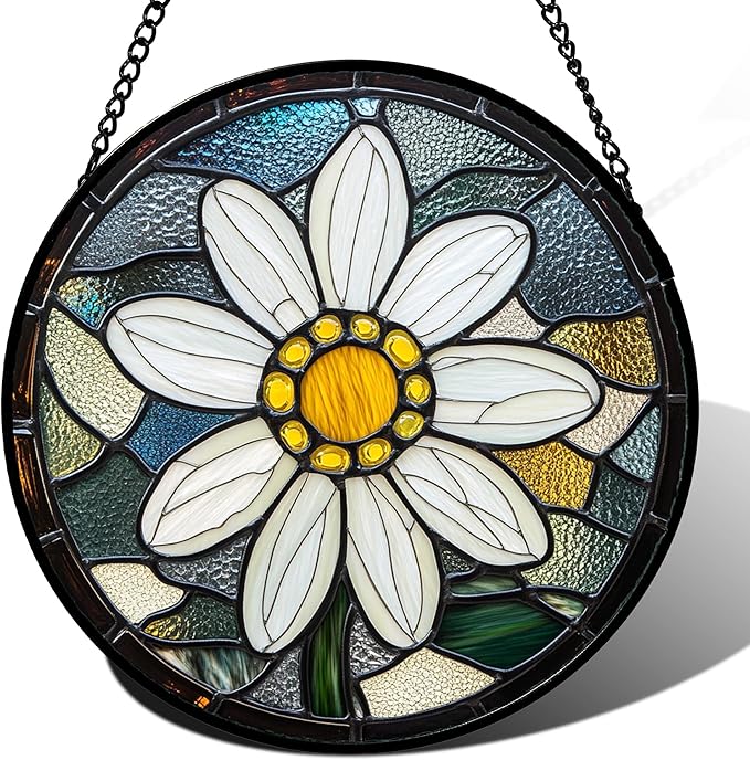 Stained Glass Window Hanging - Yellow White Daisy Birth Flower Suncatcher for Door Garden Yard Sun Catchers Decor Christmas Mother's Day Birthday Gifts for Teacher Women Mom Nana 6.3 in