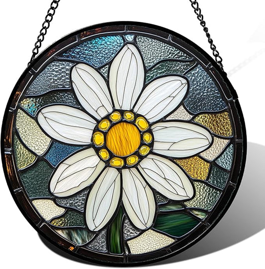 Stained Glass Window Hanging - Yellow White Daisy Birth Flower Suncatcher for Door Garden Yard Sun Catchers Decor Christmas Mother's Day Birthday Gifts for Teacher Women Mom Nana 6.3 in