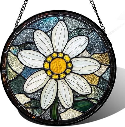 Stained Glass Window Hanging - Yellow White Daisy Birth Flower Suncatcher for Door Garden Yard Sun Catchers Decor Christmas Mother's Day Birthday Gifts for Teacher Women Mom Nana 7.8 in