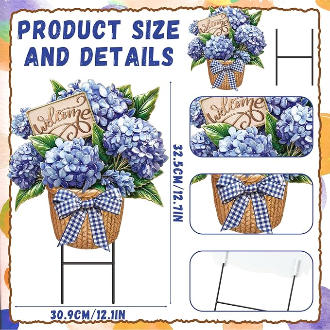 Amyhill Spring Outdoor Decor Hydrangea Metal Garden Stakes 25 Inch Decorative Hydrangea Yard Signs with Stakes Waterproof Floral Lawn Sign Welcome Outdoor Decorations for Patio Porch Lawn Backyard