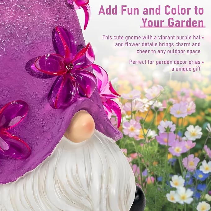 twinbling Solar Garden Outdoor Statues Gnome with Green Flower Lights, Resin Lawn Decor, Gnomes Decorations for Yard, Patio, Home, Balcony (Purple)