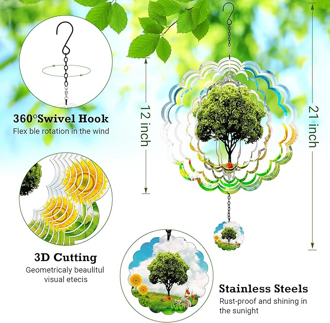 Hanging Decor Outdoor,Outdoor Garden Decor, Wind Spinners Outdoor Colorful Green Tree Hanging Decor,Ornaments Kinetic Yard Art, Valentine Gifts for Women-Big Green Tree Wind Spinners.
