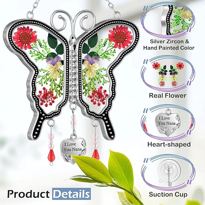 KY&BOSAM Suncatcher Butterfly Glass I Love You Nana Butterfly Suncatchers Ornament hangings for Windows Wind Chime with Pressed Flower Butterfly Embedded in Glass Mother`s Day Birthdays