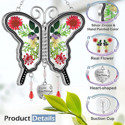 KY&BOSAM Suncatcher Butterfly Glass I Love You Nana Butterfly Suncatchers Ornament hangings for Windows Wind Chime with Pressed Flower Butterfly Embedded in Glass Mother`s Day Birthdays