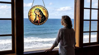 Funoasis Stained Glass Window Hanging 6.3 Inches Suncatcher - The Virgin Mary with Hands Clasped Together and A Headscarf On Her Head Ornaments Sun Catcher Home Decor Women Birthday