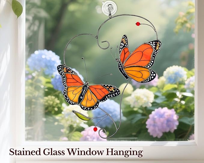 Monarch Butterfly Gifts for Grandma & Mom, Butterflies Suncatcher Stained Glass Window Hanging, Real Handmade Sun Catcher Indoor Window, Decorations in Garden Decor Ornament for Mother