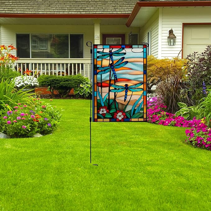 Dragonfly Stained Glass Garden Flag -12x18 Inch Double Sided Decorative Yard Flag for Outdoor Spring and Summer Decor