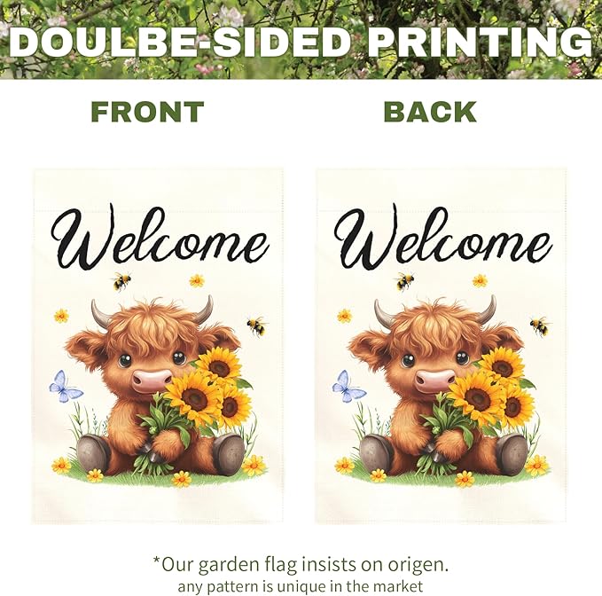 Welcome Highland Cow Garden Flag Spring Summer Sunflower Yard Flags Cute Farmhouse House Banner for Outdoor Front Yard Lawn Porch Patio Country Rustic Home Decoration 12x18 Inch