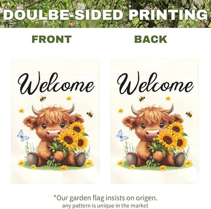 Welcome Highland Cow Garden Flag Spring Summer Sunflower Yard Flags Cute Farmhouse House Banner for Outdoor Front Yard Lawn Porch Patio Country Rustic Home Decoration 12x18 Inch