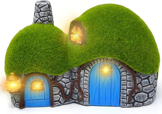 Gift Boutique Outdoor Garden House Statue with LED Lights Fairy Garden Decor Resin Cottage Figurine Yard Lawn Porch Pathway Ornament Outdoor Figurines