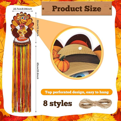DoubleFill 8 Pcs Thanksgiving Turkey Outdoor Hanging Decorations with Tassels Fall Harvest Yard Decoration Windsocks for Outside 3.3ft Signs for Wall Home Lawn Yard Tree Party Supplies Garden Decor
