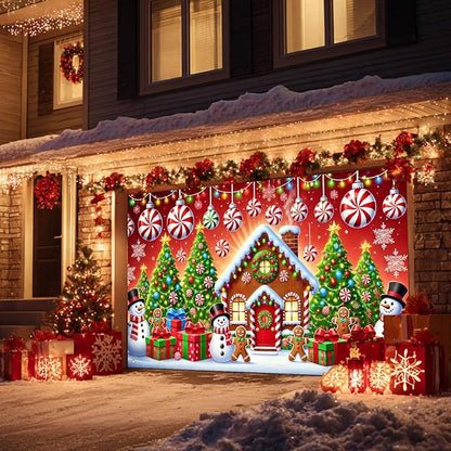 HOMETITUTE Christmas Garage Door Banner 13x6ft Gingerbread House Snowman Candy Cane Holiday Backdrop Winter Scene Porch Entryway Wall Hanging Indoor Outdoor Seasonal Decorations