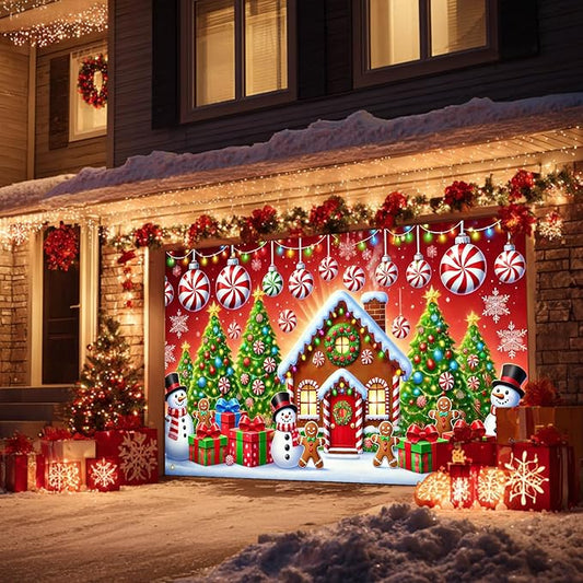 HOMETITUTE Christmas Garage Door Banner 13x6ft Gingerbread House Snowman Candy Cane Holiday Backdrop Winter Scene Porch Entryway Wall Hanging Indoor Outdoor Seasonal Decorations