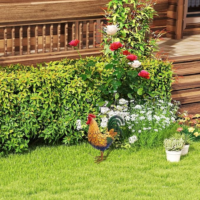 Metal Rooster Yard Decor,16 in Outdoor Chicken Statue Decoration for Patio Lawn Garden,3D Rooster Garden Statues,Chicken Yard Art Sculpture Outdoor Figurines,Metal Chicken Decor,1 Pcs (Gold)