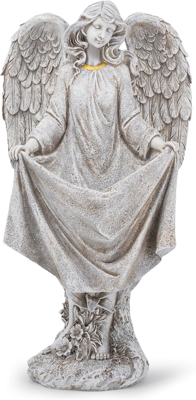 basen Angel Garden Statue Outdoor, Memorial Angel Figurine for Grave Yard Lawn, Resin Praying Angel Sculpture for Cemetery Decoration, Sympathy Gift, Spiritual Garden Decor