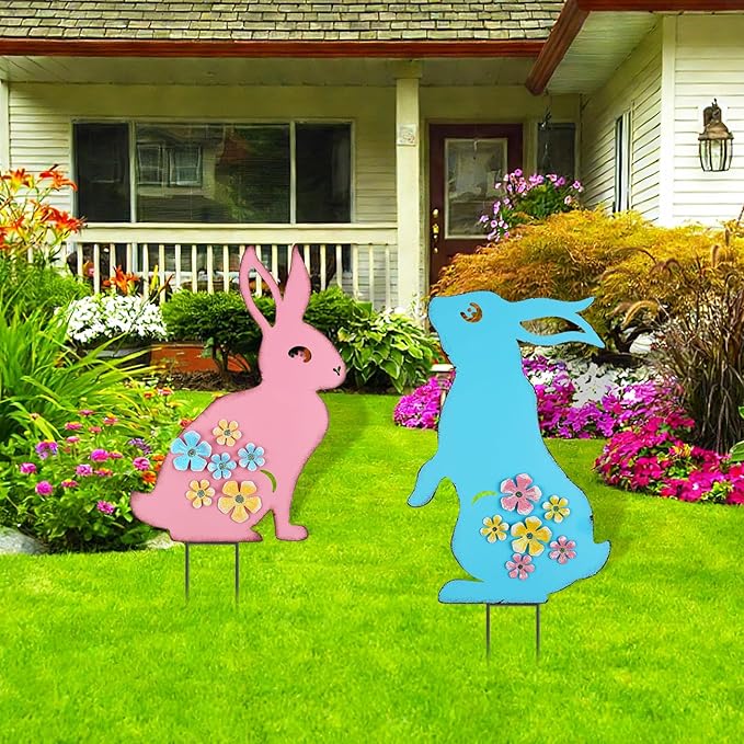 Metal Easter Bunny Yard Sign - 2 Pack Colorful Easter Bunny Lawn Stakes with 3D Flowers Spring Garden Decorations for Outdoor Easter Decor