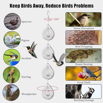 12PCS Stainless Steel Bird Deterrent Wind Spinners for Outside – Reflective Outdoor Bird Repellent Hanging Ornaments, Humane Pigeon Scarer for Yard Garden, Balcony, Patio, Roof & Window (12, Teardrop)