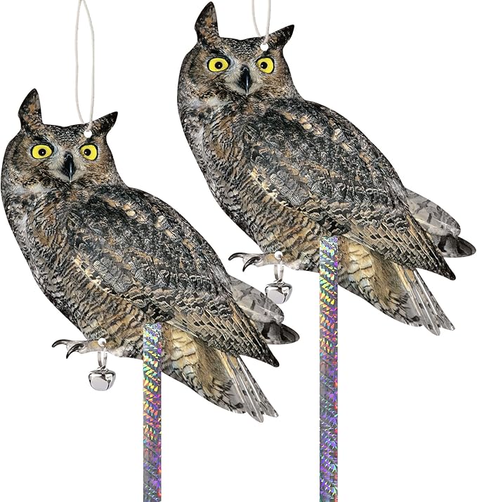 2PCS Hanging Flat Garden Owls with Reflective Tape Plastic Owl to Scare Pigeon for Outdoor Fake Owl to Keep Pigeon Away from Balcony House Window Patio Yard Front Porch Backyard