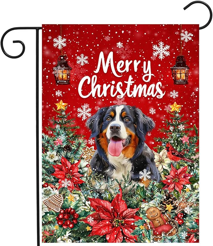 Christmas Bernese Mountain Garden Flag Merry Christmas Dog Yard Flag for Outside Xmas Flags 12x18 Double Sided Red Poinsettia Garden Flags Winter Porch Decorations Outdoor