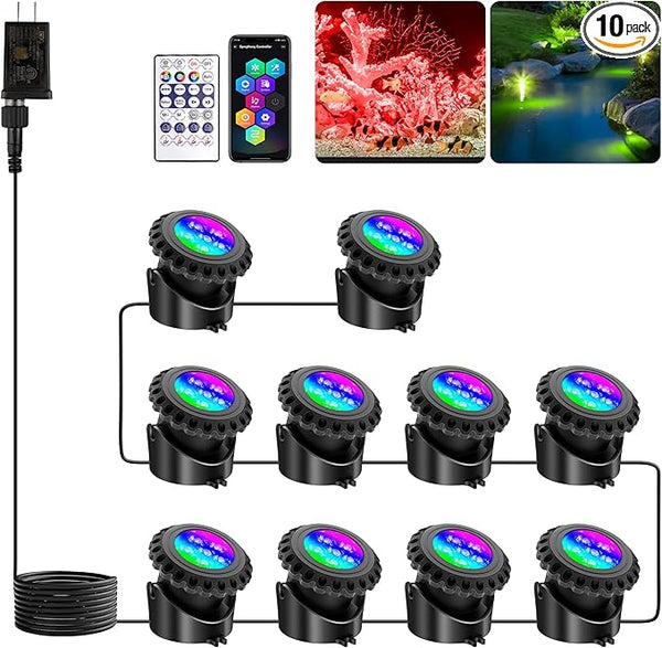 T-SUN Underwater LED Pond Lights – IP68 Waterproof Submersible Fountain Lights with Bluetooth App & Remote, 16 Million Colors Underwater Lighting for Koi Ponds/Garden Water Features Aquarium (10-Pack)