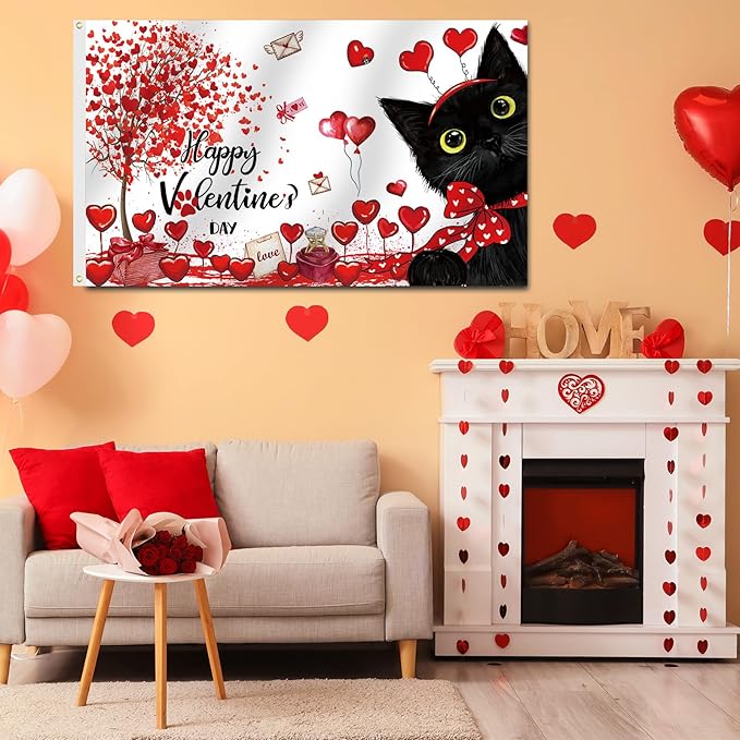SENSEVEN Valentine's Black Cat Flags for Outside 3x5 Ft, Spring Wedding Flag, Couple Anniversary Yard Flag Spring Holiday Outdoor Banner for Porch Farmhouse Decor, Valentine's Party Supplies