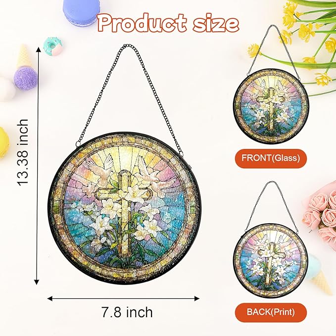 Stained Glass Window Hanging, Cross & Wildflowers Christian Faith Suncatcher Ornament Decoration, Hanging Home Decor for Door Garden Porch, Easter Birthday Religious Gift for Women Mom, 7.8 Inch