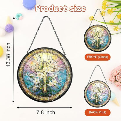 Stained Glass Window Hanging, Cross & Wildflowers Christian Faith Suncatcher Ornament Decoration, Hanging Home Decor for Door Garden Porch, Easter Birthday Religious Gift for Women Mom, 7.8 Inch