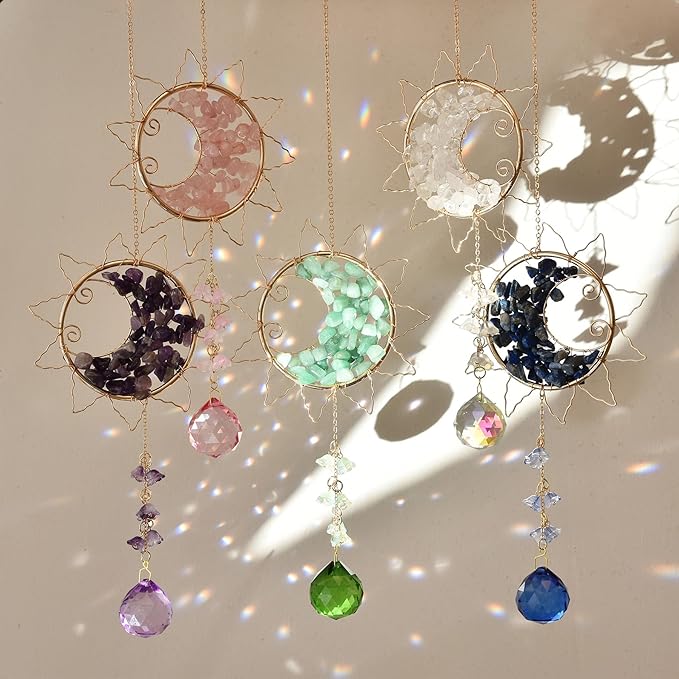 Hanging Sunlight Catcher, Sun & Moon Crystal Suncatcher, Crystal Hanging Ornament, Hanging Crystals for Decoration, Festival Gift, Window Decoration (Green)