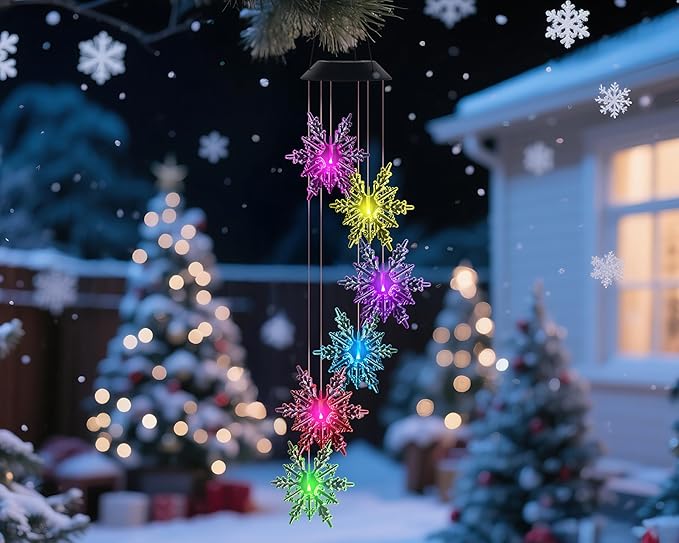 Snowflake Wind Chime,Christmas Solar Wind Chimes for Outside,Waterproof Hanging Solar Lights 6 Color Changing LED Light Windchime Outdoor Decor Gift for Holiday Garden Porch Patio Yard Decor