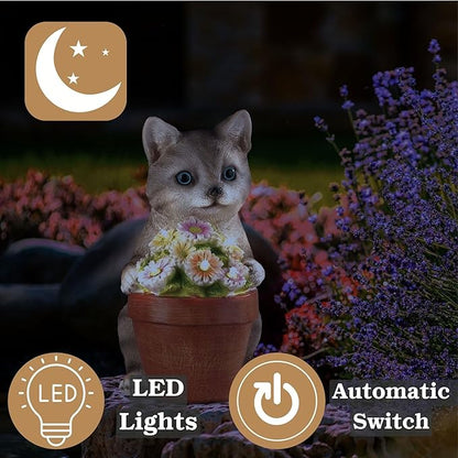 Muldale Cat Solar Light - Cat Garden Statue Outdoor - Solar Powered Cat Garden Decor for Outside - Hand Painted Floral Plant Pot Light Up Cat, Brown