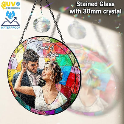 VINATIMES Personalized Grandpa Stained Glass Suncatcher, Photo Family Faux Stained Glass Window Hanging Ornament, Custom Photo Gift for Dad from Son Daughter, Birthday Gift for Grandpa, Uncle