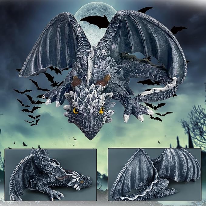 Resin Garden Dragon Statue Squatting Guard Dragon Figurine Dragon Decorations for Outside Lawn Patio Yard Ornament Gothic Garden Decor Patio Balcony Yard Decorations (Black)