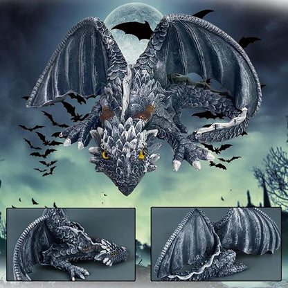 Resin Garden Dragon Statue Squatting Guard Dragon Figurine Dragon Decorations for Outside Lawn Patio Yard Ornament Gothic Garden Decor Patio Balcony Yard Decorations (Black)