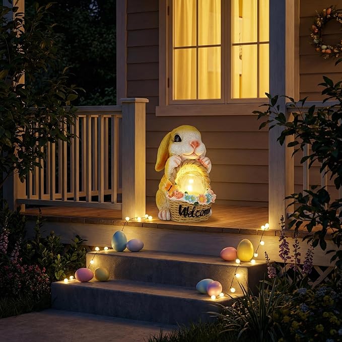 Solar Garden Welcome Statue with LED Light, Outdoor Decorative Animal Figurines, 8-10 Hour Working Time, Floral Basket Design, Lawn Yard Decor (Rabbit)