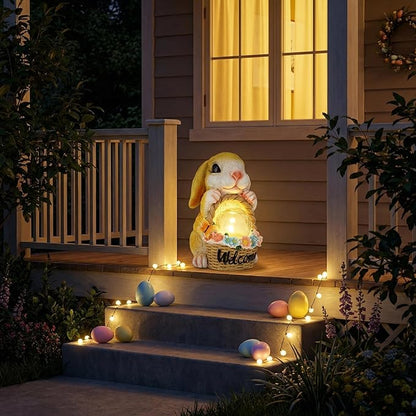Solar Garden Welcome Statue with LED Light, Outdoor Decorative Animal Figurines, 8-10 Hour Working Time, Floral Basket Design, Lawn Yard Decor (Rabbit)