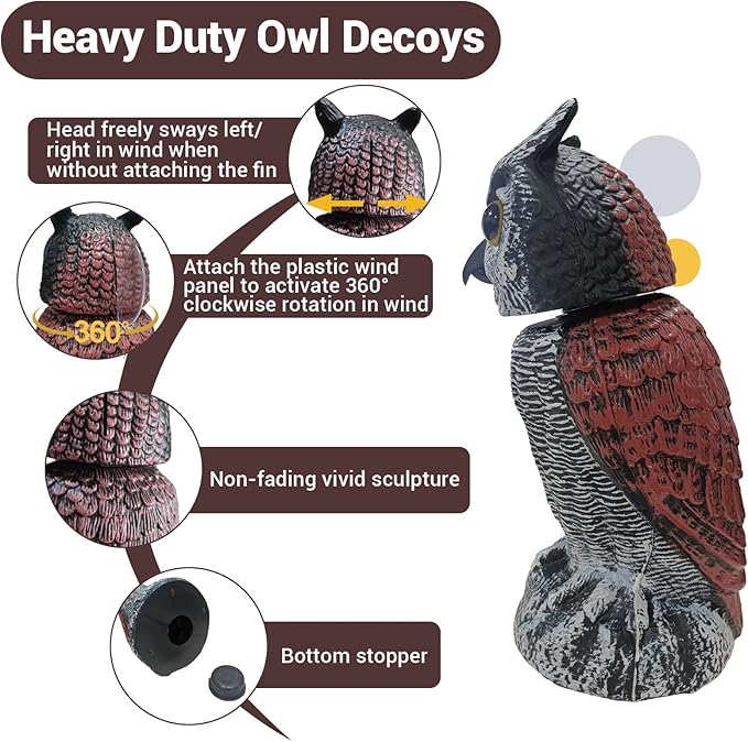 Fake Owl Decor - Rotating Head Garden Scarecrow for Outside Orchard Farm, Waterproof Outdoor Garden Statues, Plastic Owl Decor for Home Patio Yard Decorations