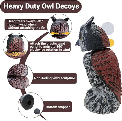 Fake Owl Decor - Rotating Head Garden Scarecrow for Outside Orchard Farm, Waterproof Outdoor Garden Statues, Plastic Owl Decor for Home Patio Yard Decorations