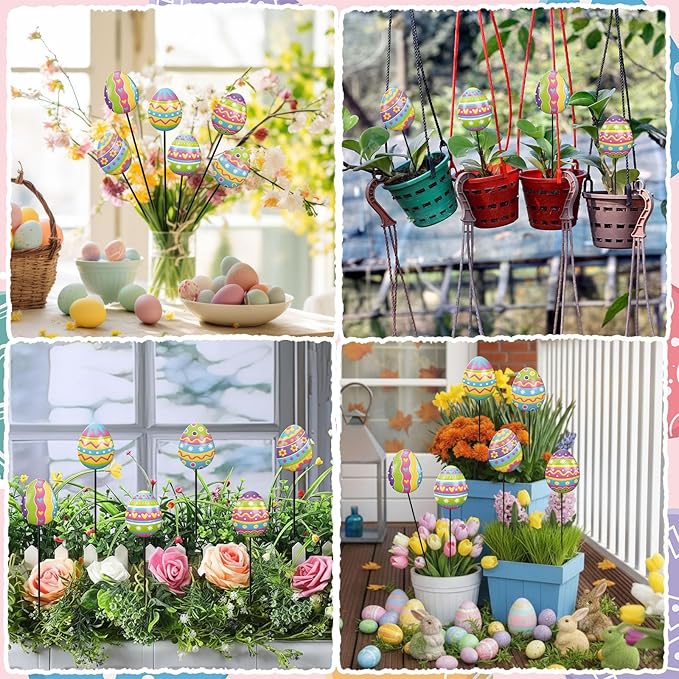 Shimeyao 6 Pcs Metal Easter Garden Stakes Happy Easter Metal Garden Signs Colorful Egg Shape Yard Stakes Outdoor Decor for Home Lawn Porch Holiday Front Backyard