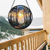 DASTOLL Stained Glass Window Hanging, Forest Sunrise Smoke Blue Brown Tree Suncatcher for Doors Window Home Landscape Sun Catchers Decor Mother's Day Birthday Gifts for Women, Men Mom 7.8 in