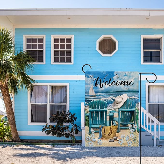 Hzppyz Welcome Summer Blue Sea Ocean Chairs Myosotis Sylvatica Flower Beach Garden Flag, Coastal Nautical Seagull Sailboat Bag Hat Decorative House Yard Outdoor Small Decor, Tropical Home Outside