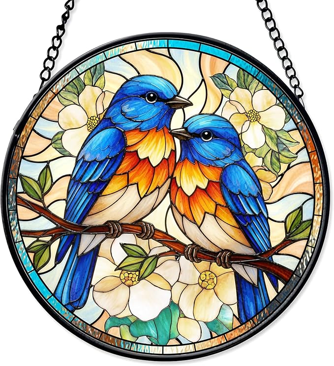 7.8" Bluebird Suncatcher Stained Glass Window Hanging Blue Bird Sun Catchers Birds Lover Ornament Wall Home Room Door Garden Decor Birthday for Nature Lovers Women Mom