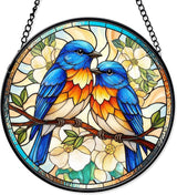 7.8" Bluebird Suncatcher Stained Glass Window Hanging Blue Bird Sun Catchers Birds Lover Ornament Wall Home Room Door Garden Decor Birthday for Nature Lovers Women Mom